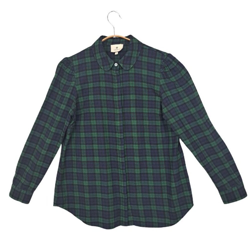 Tuckernuck Saranac Blue Green Tartan Plaid Puff Shoulder Button Up Shirt Size L - Picture 2 of 8
